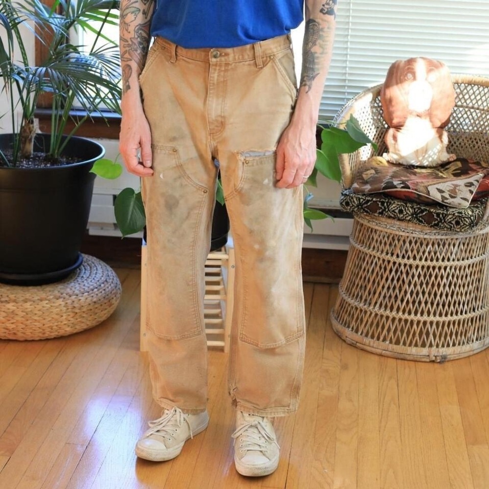 Carhartt Carpenter Pants Men Distressed 33x30 Tan Cotton Canvas Workwear B11-BRN